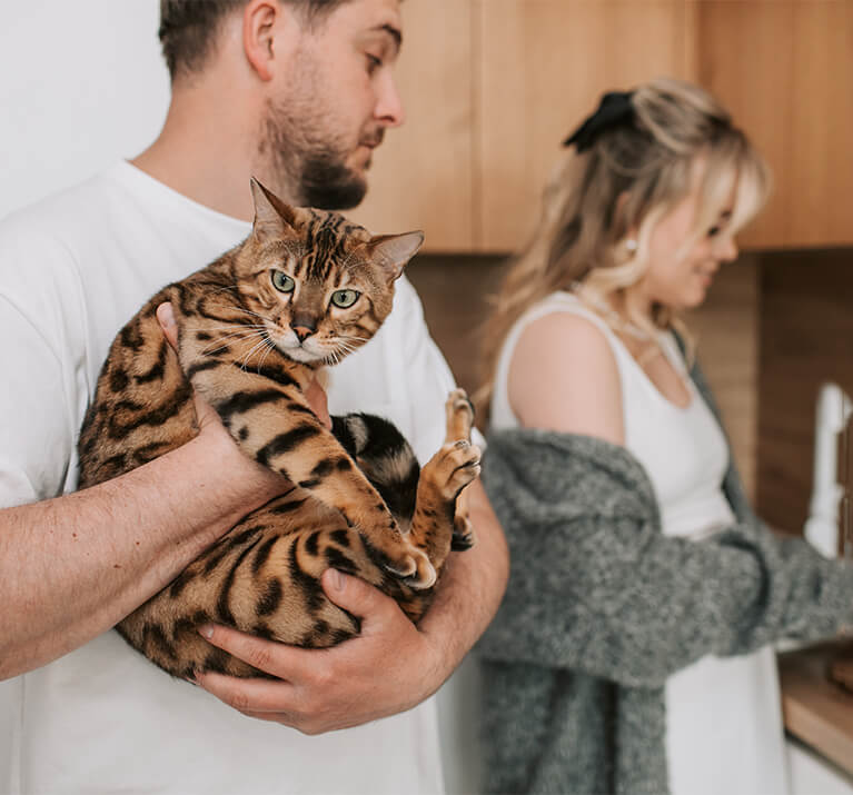 Mann hält seine Katze