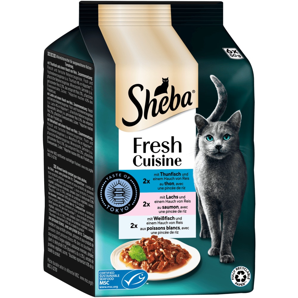 SHEBA® Fresh Cuisine Taste of Tokyo, Thunfisch, Lachs & Weißfisch MSC in Sauce, 6 x 50g - 1