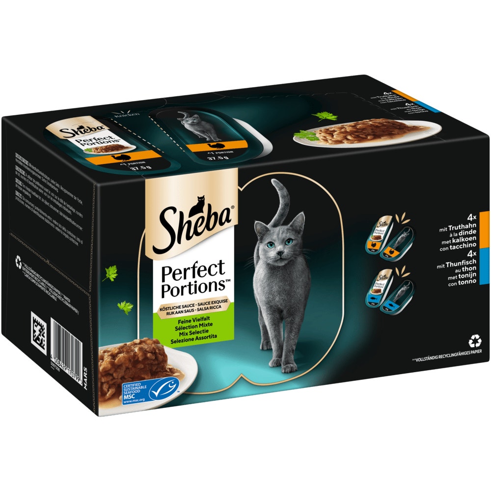 SHEBA® PERFECT PORTIONS™ Feine Vielfalt Truthahn & Thunfisch in Sauce MSC, 8 x 75g - 1