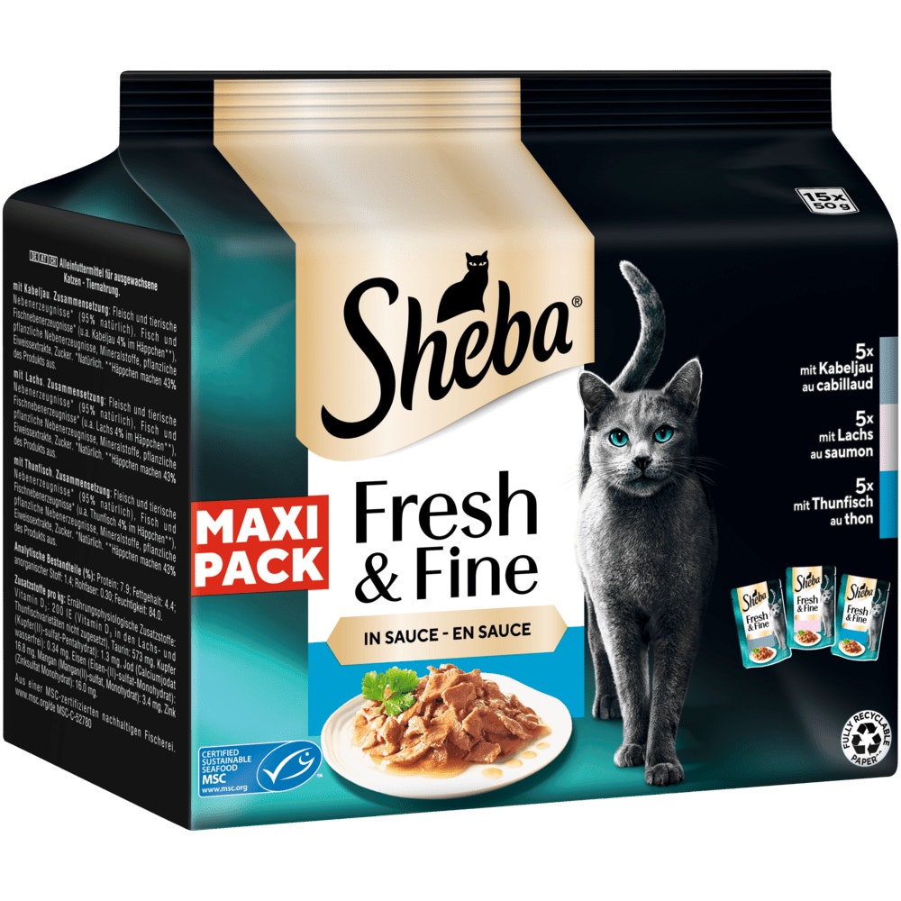 SHEBA® Fresh & Fine Kabeljau, Lachs & Thunfisch MSC in Sauce, Portionsbeutel 15 & 50 x 50g - 1