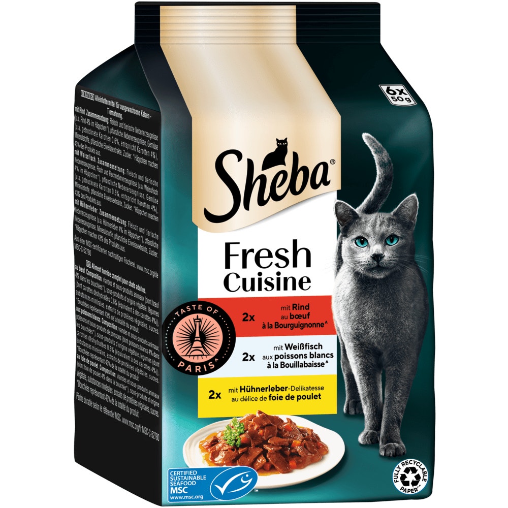 SHEBA® Fresh Cuisine Taste of Paris Rind, Weißfisch MSC & Hühnerleber in Sauce, 6 x 50g - 1