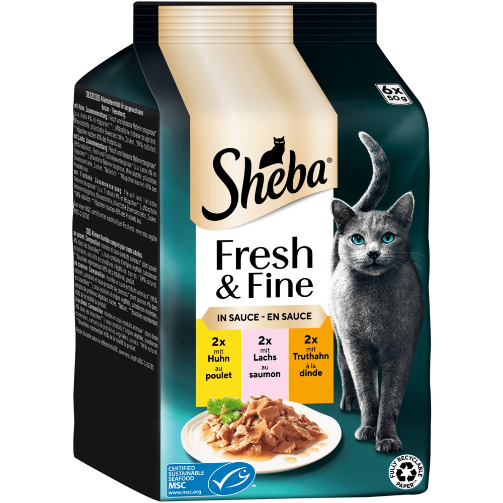 SHEBA® Fresh & Fine Huhn, Lachs MSC & Truthahn in Sauce, Multipack 6 x 50g - 1