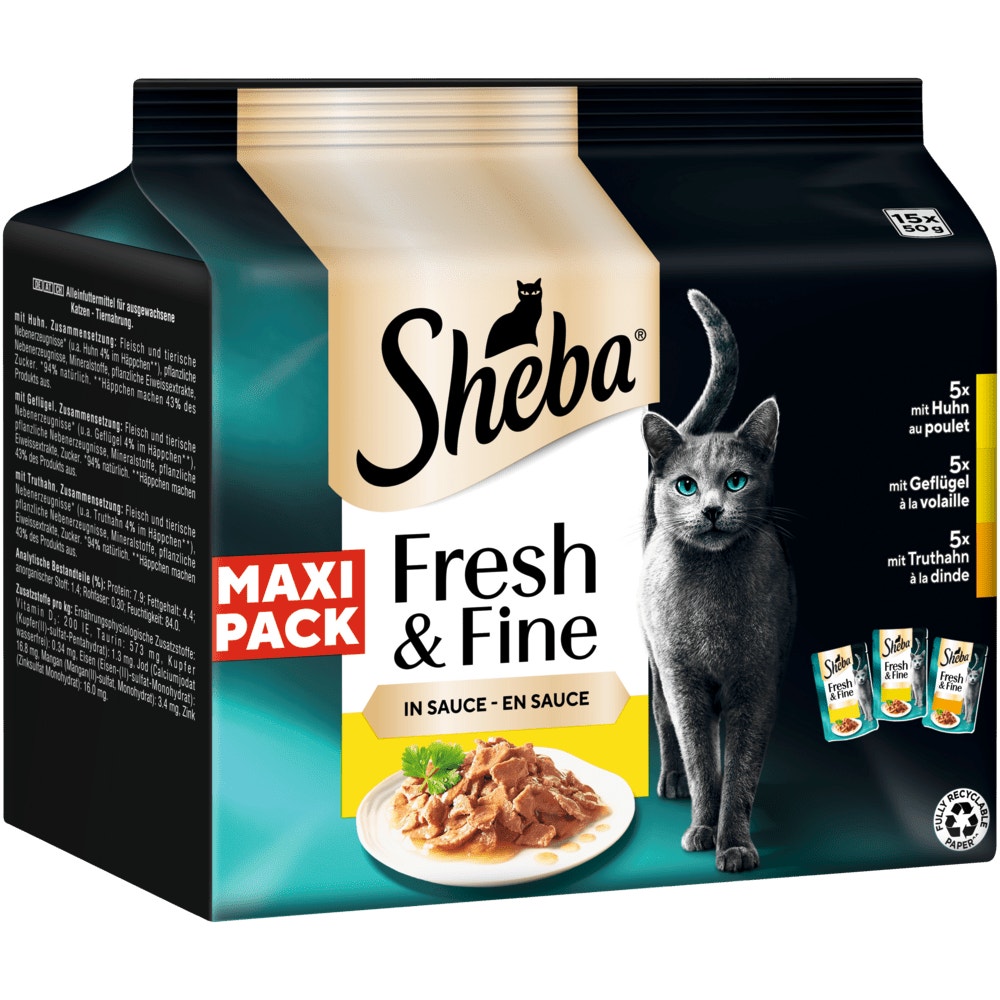 SHEBA® Fresh & Fine Huhn, Geflügel & Truthahn in Sauce, Portionsbeutel 15 & 50 x 50g - 1