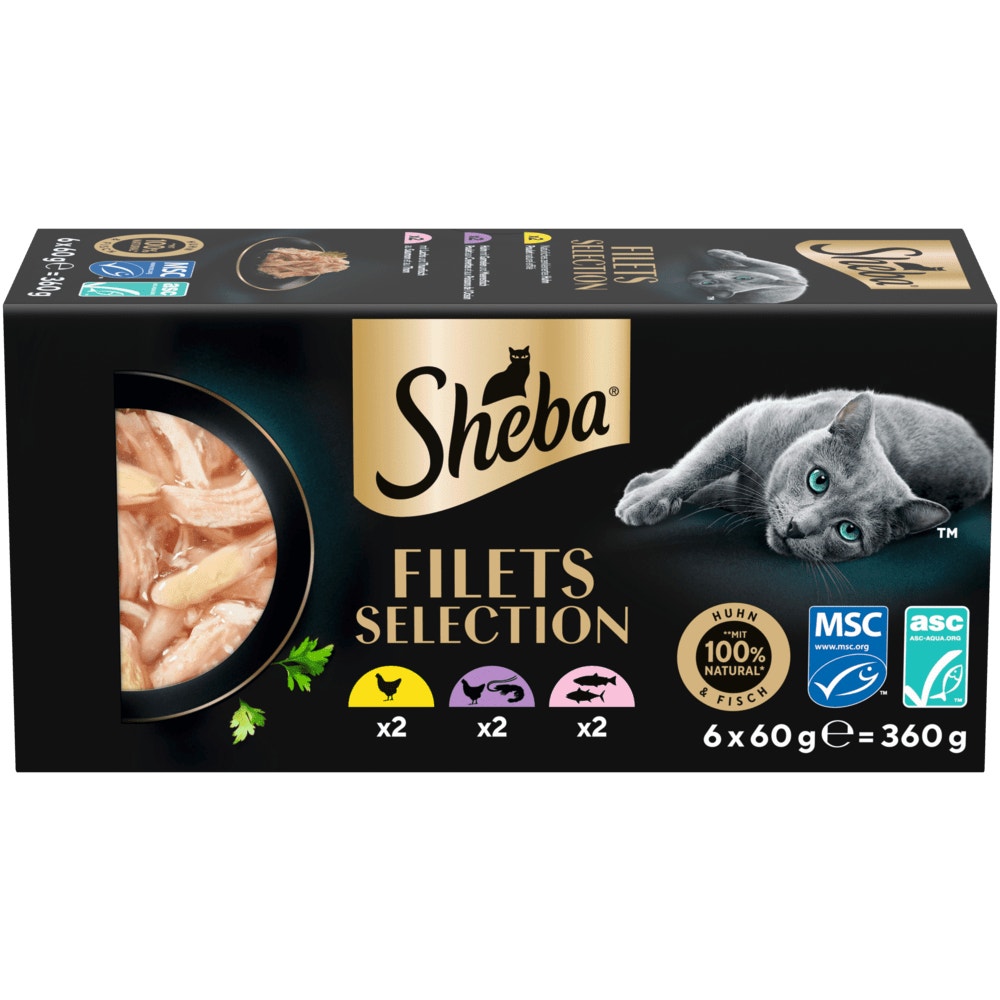SHEBA® Filets Huhn, Garnelen & Meeresfisch, Lachs & Thunfisch, 6 x 60g - 1
